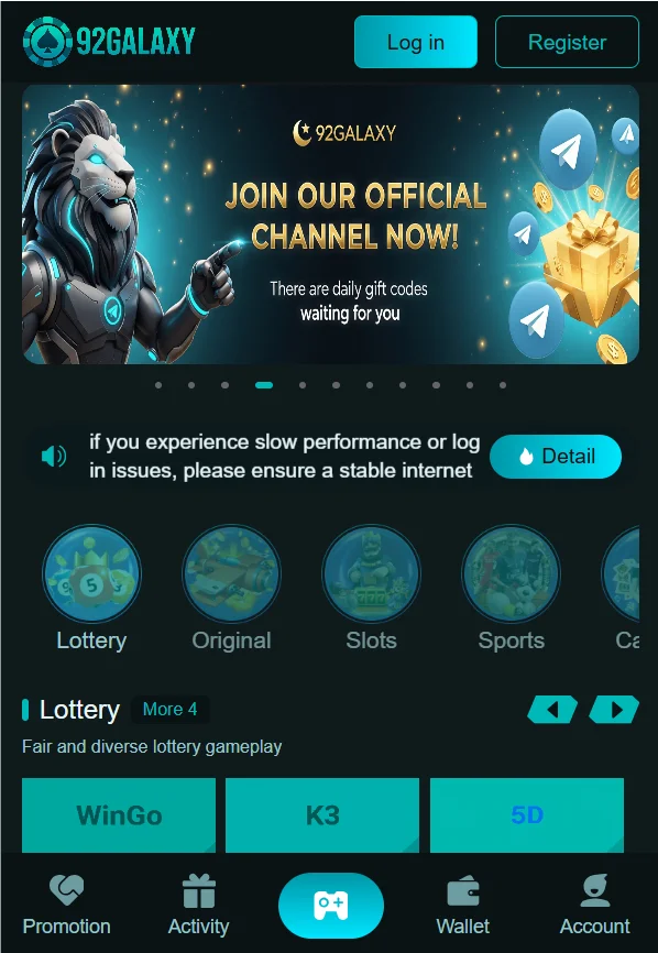 92 Galaxy Game access domains banner with lion mascot and site URLs