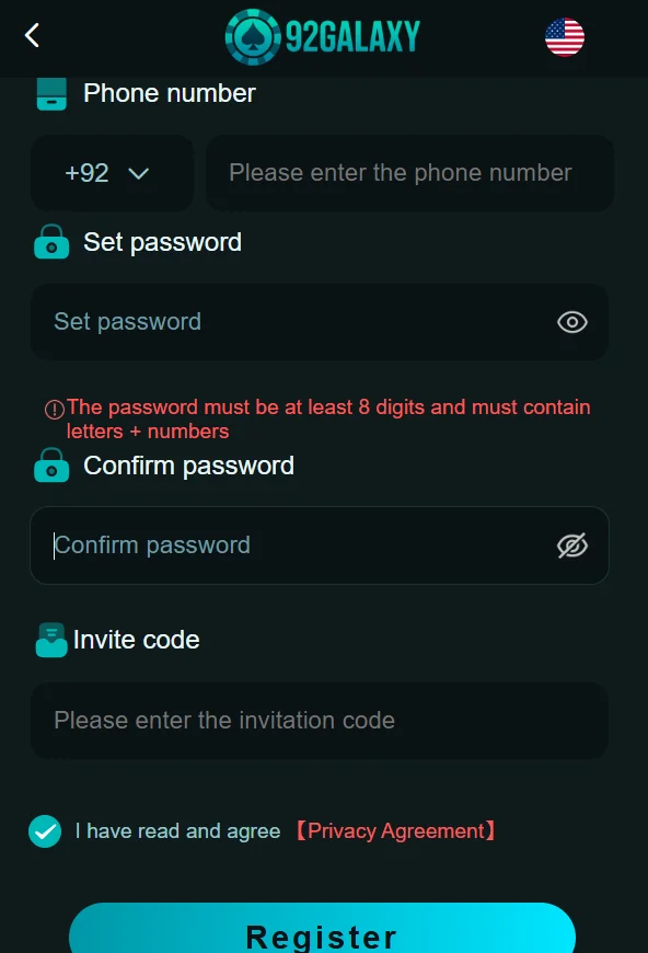 Register on 92 Galaxy Game by entering phone number, password, and referral code