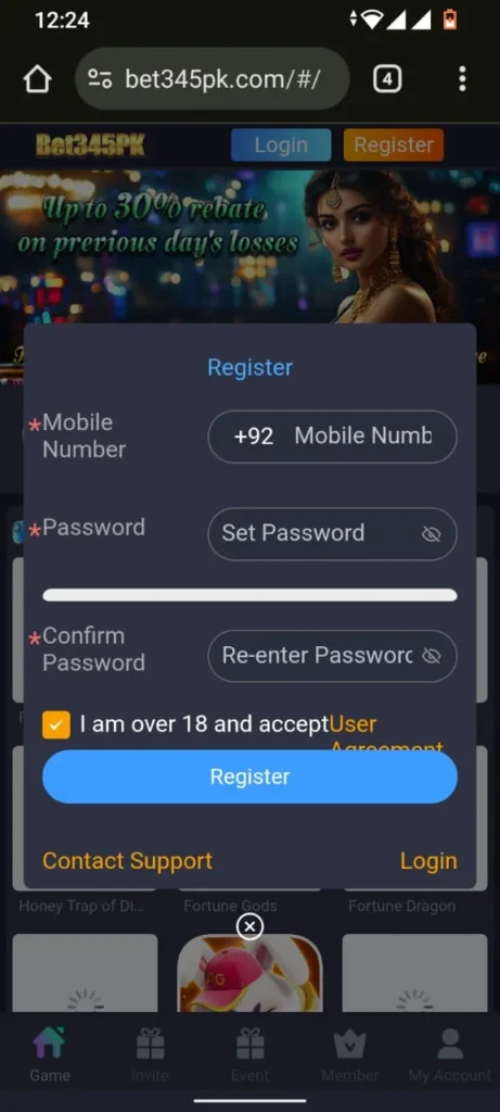 Screenshot of the registration page for Bet345PK game showing mobile number and password input fields.