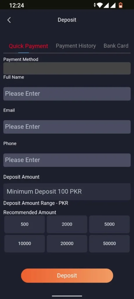 Deposit form for bet345pk game showing fields for name, email, phone, and deposit options.