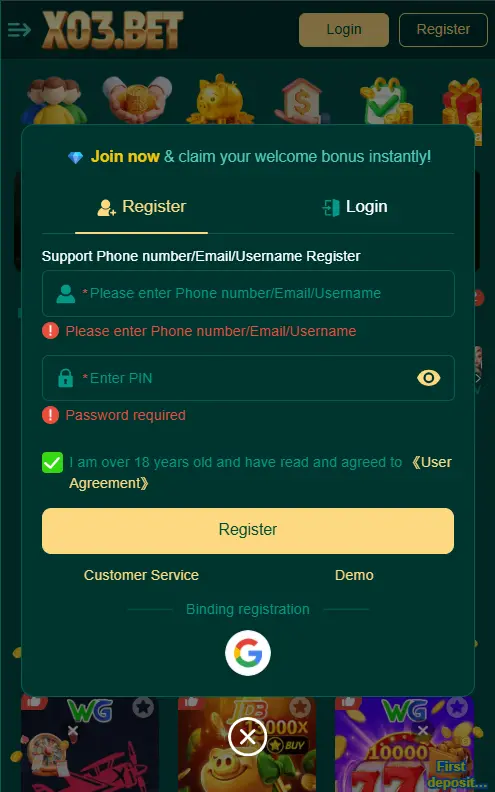 Registration screen on X03 Game showing input fields for phone number, email or username, PIN, and age verification checkbox.