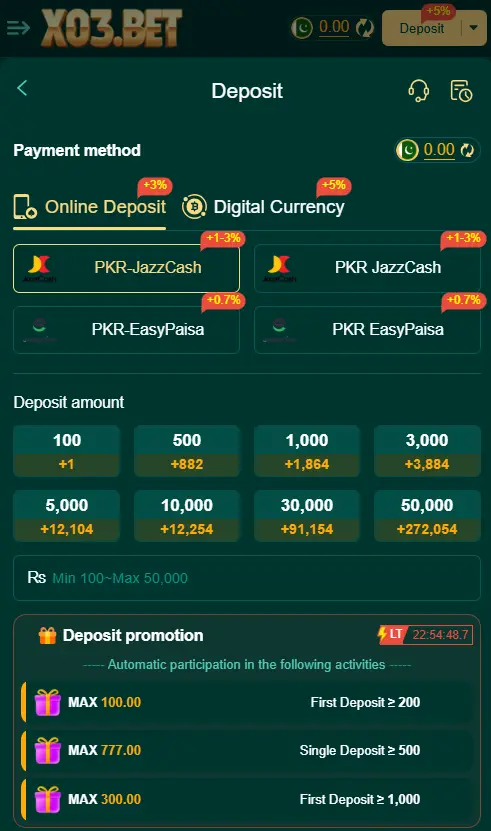Deposit page on X03 Game showing payment methods like JazzCash and Easypaisa, deposit amounts, and bonus promotions.