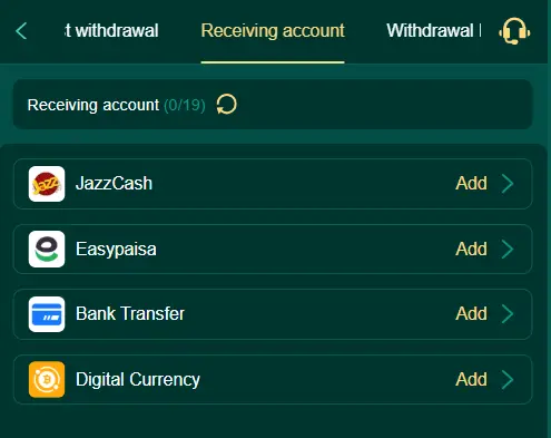 Withdrawal account setup screen on X03 game with options for JazzCash, Easypaisa, bank transfer, and digital currency.