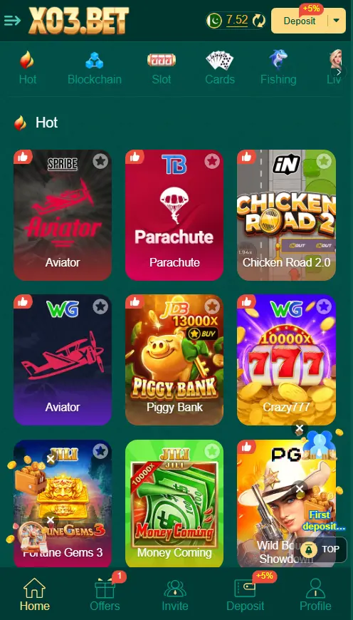 X03 Game lobby with popular slots, cards, and hot games like Aviator, Parachute, Piggy Bank, and Crazy777.