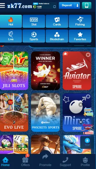 Z77 Game homepage showing slots, sports, Aviator, Jili Slots, and live games.