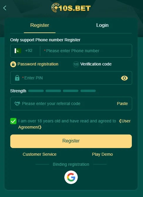 10s Bet Game registration screen with fields for phone number, PIN, referral code, and Google sign-up option.