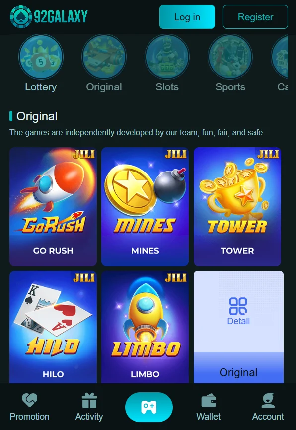 92 Galaxy Game main interface showing original games like Go Rush, Mines, Tower, Hilo, and Limbo