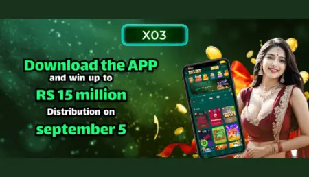 Promotional banner for the X03 game app, featuring a woman in traditional attire, a mobile screen showing the game interface, and a message about winning up to Rs 15 million on September 5.