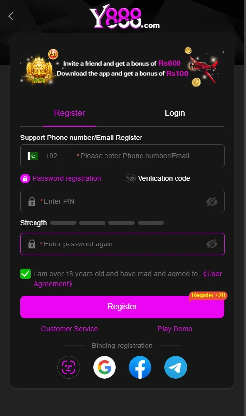 Y888 game registration form with options for phone/email, password setup, and social media login.
