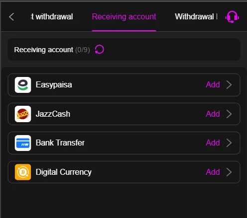 Y888 Game withdrawal options including Easypaisa, JazzCash, bank transfer, and digital currency.