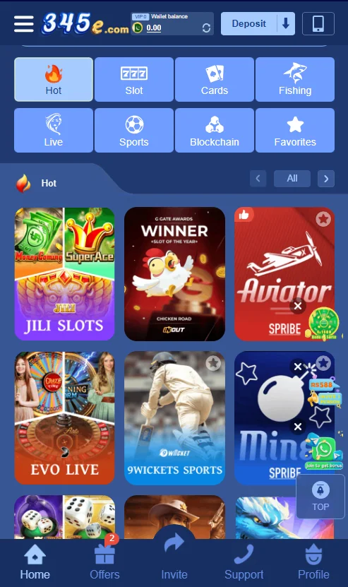 345e game home screen showing multiple casino game options including slots, sports, cards, and live games.