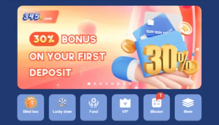 345e game banner offering 30 percent bonus on first deposit.