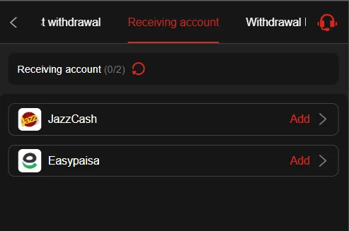 777SX game withdrawal options showing JazzCash and Easypaisa accounts.
