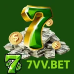 Logo of 7vv game with golden coins, dollar bills, and a big green number seven.