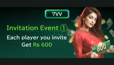 7VV game invitation event banner offering Rs 600 per referral with a woman holding Rs 600 cash.