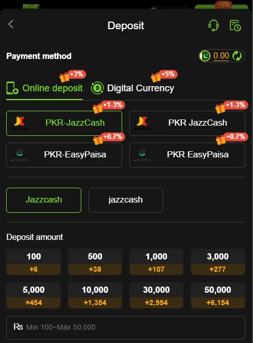 7VV bet game deposit interface showing online deposit options including JazzCash and EasyPaisa, with bonus percentages and deposit amounts.