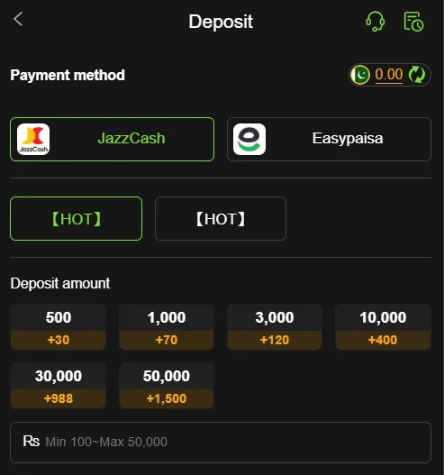 Deposit screen of 999R Game showing JazzCash and Easypaisa payment options.