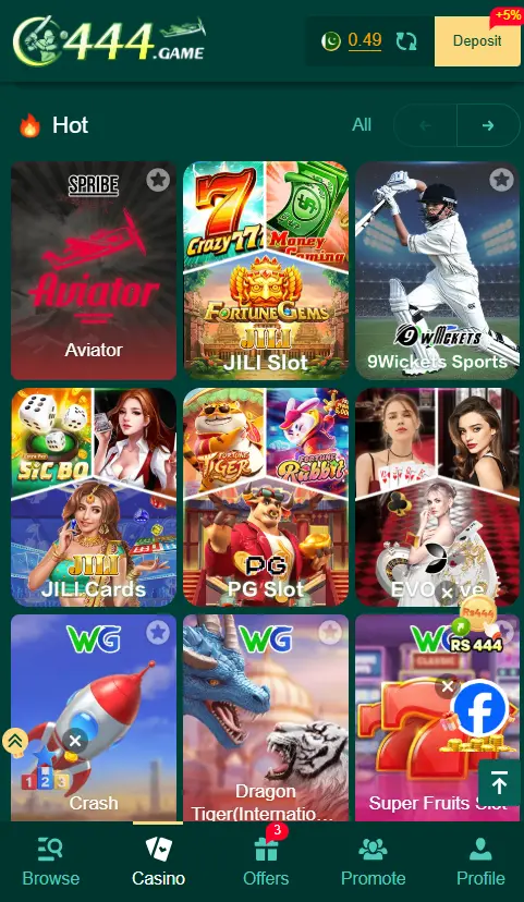 Screenshot of the C444 Game app home screen featuring popular casino games, jackpot amount, and category navigation.