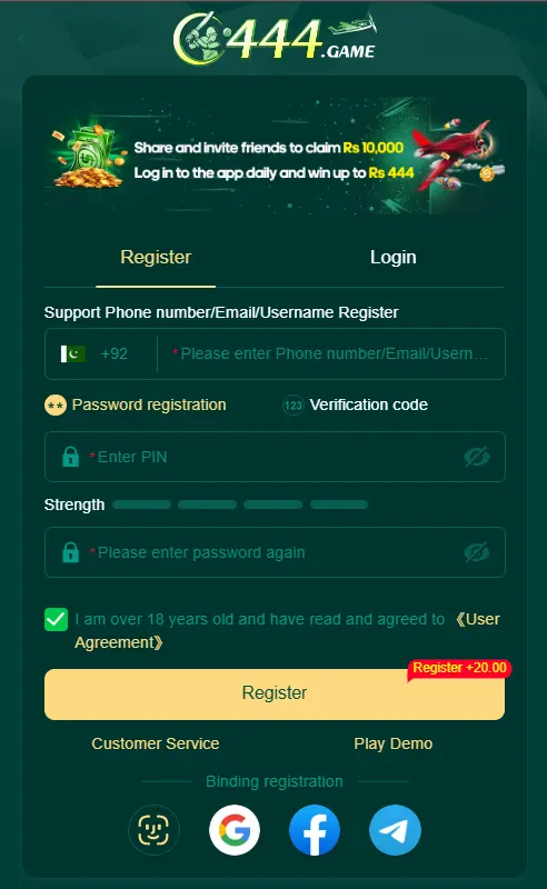 Login and registration screen of the C444 Game app showing input fields and social login options.