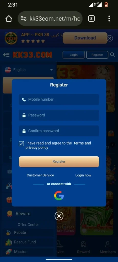 KK33 game registration page with mobile number, password fields, and Google sign-in option for easy account creation.