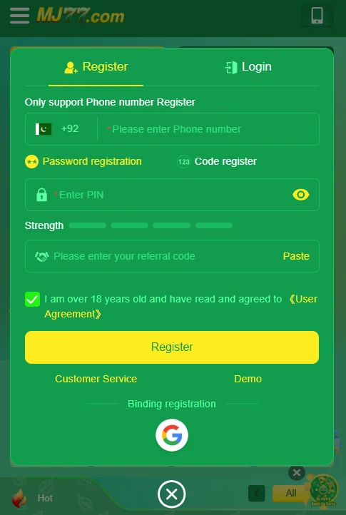 "Phone number registration screen for MJ77 game with password and referral options."