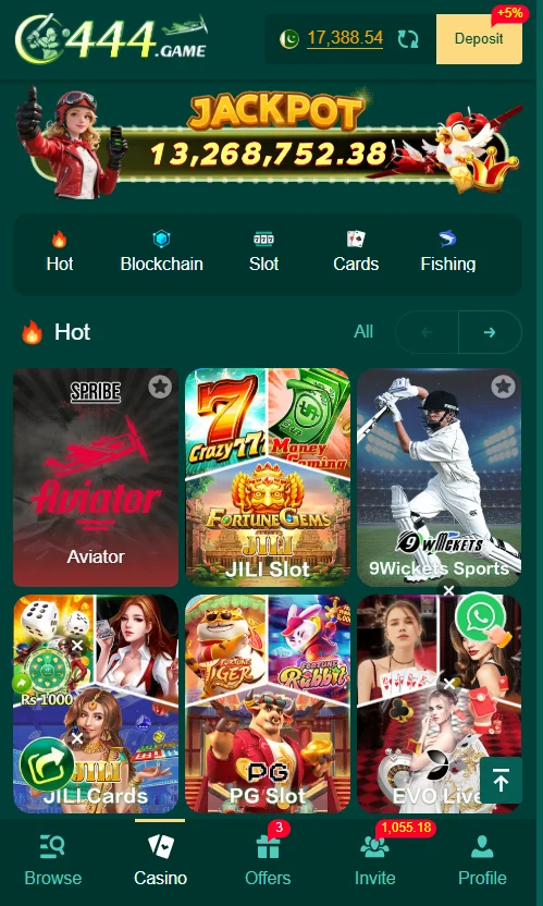 Screenshot of the C444 Game app home screen featuring popular casino games, jackpot amount, and category navigation.