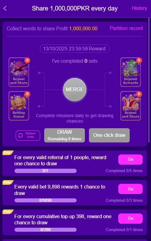 98 PKR game reward dashboard showing progress for daily missions and draw chances.
