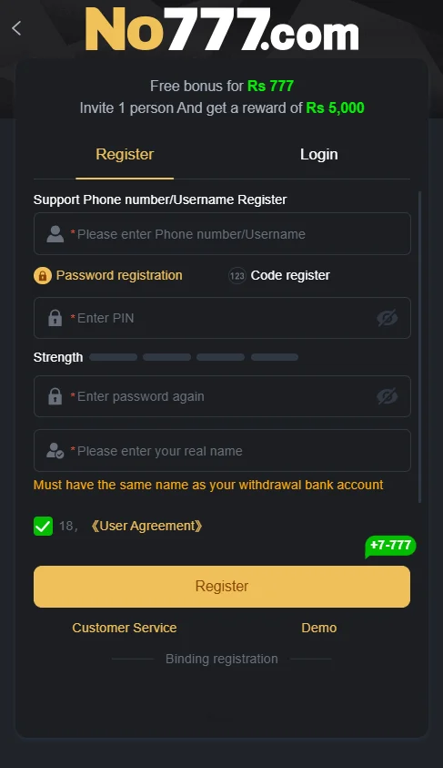 Registration page of no 777 game with Rs 777 bonus and Rs 5000 referral offer displayed.