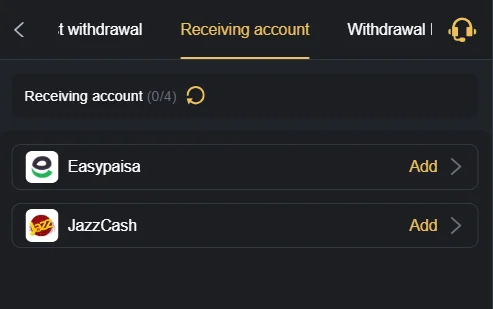 Mobile app interface showing Easypaisa and JazzCash as receiving account options, related to no 777 game withdrawal setup.