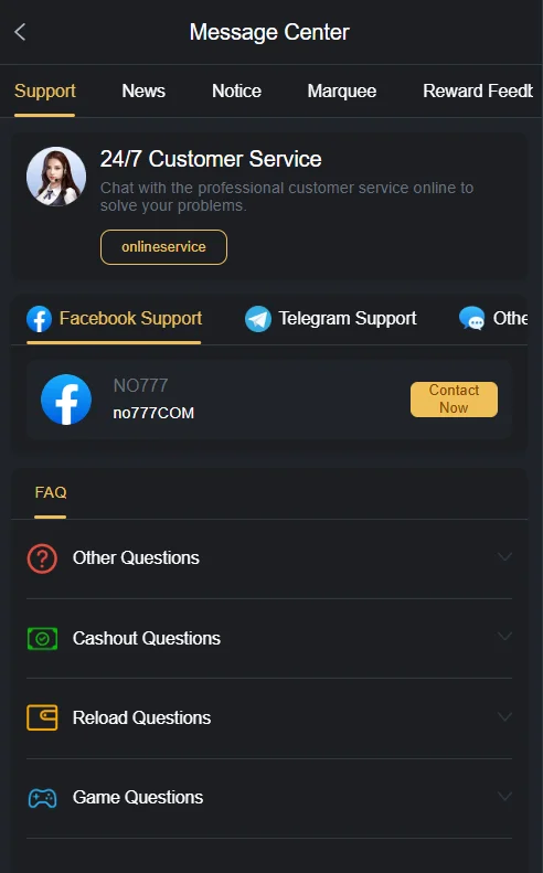 No 777 Game customer support section offering 24/7 help through various platforms including Facebook and Telegram.