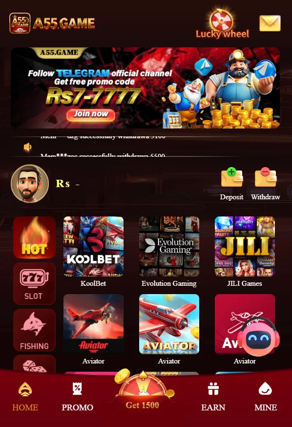 A55 Game homepage showing deposit, withdraw, slots, and Aviator game options.