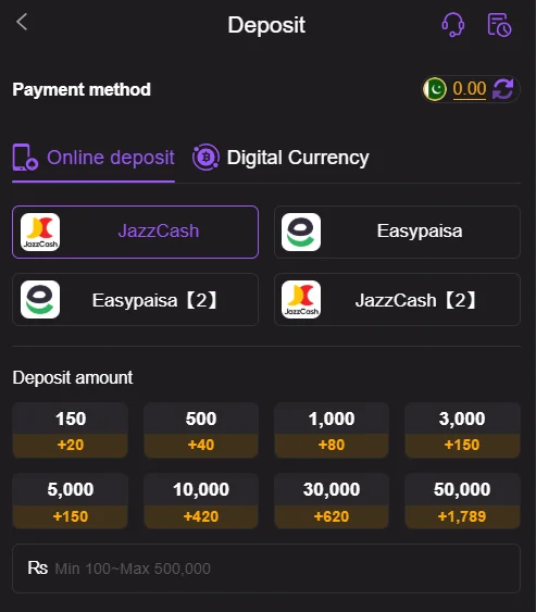 q789 game deposit page with JazzCash and Easypaisa payment options