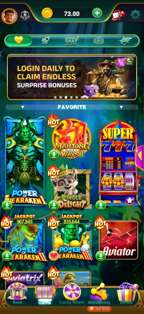 Spinwinpk Game home page showing slots, jackpots, and daily rewards interface