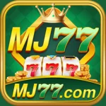 "Logo of MJ77 game featuring slot machine reels, gold coins, and crown in green and gold theme."