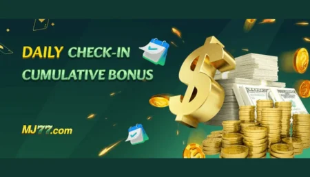 "Promotional banner for MJ77 game showing daily check-in and cumulative bonus with coins and dollar sign."