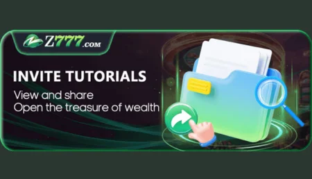 Z777 Game invite tutorials banner showing a file folder, magnifying glass, and share icon