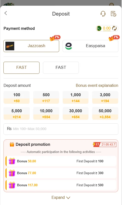 VK777 Game deposit options with JazzCash, Easypaisa, and exclusive bonus offers.