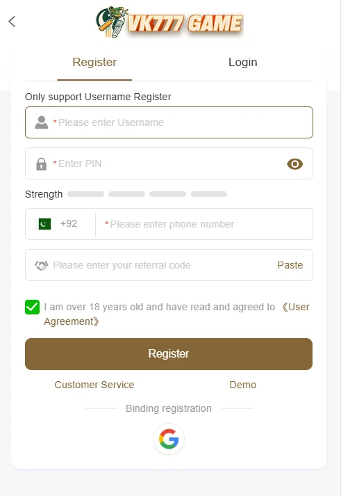 VK777 Game registration form with fields for username, PIN, phone number, and referral code.