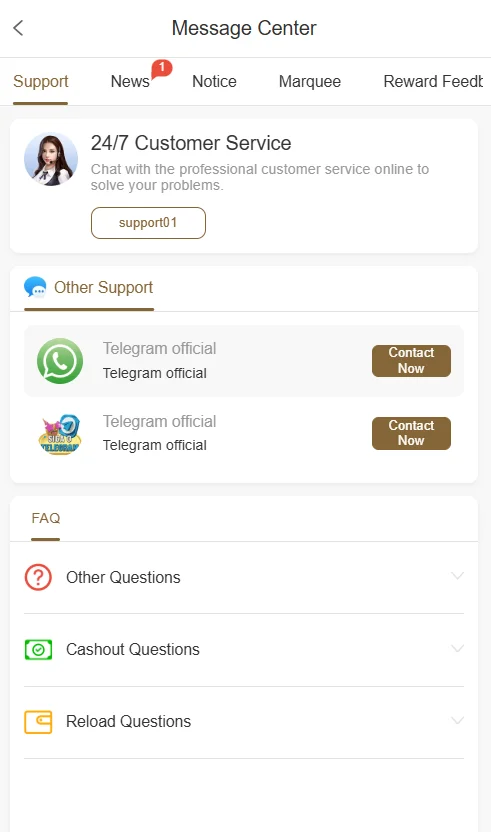 VK777 Game support center with 24/7 customer service and Telegram contact options.