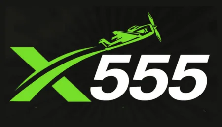 X555 game banner featuring green airplane logo with the text X555 on a black background.