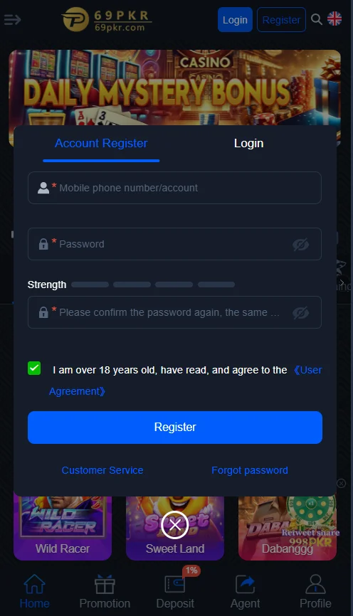 Registration screen of 69pkr game showing fields for account creation and user agreement.