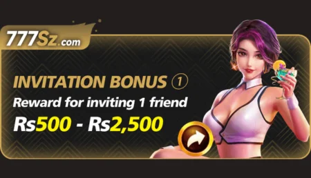 Promotional banner for the 777sz game showing an animated woman next to an invitation bonus offer ranging from five hundred to two thousand five hundred rupees