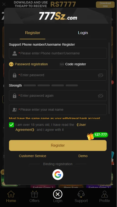 Registration screen of the 777sz game showing fields for phone number password real name and age confirmation