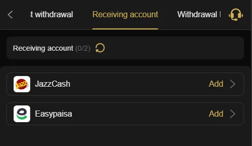 Withdrawal receiving account page of the 777sz game showing options to add JazzCash or Easypaisa accounts.