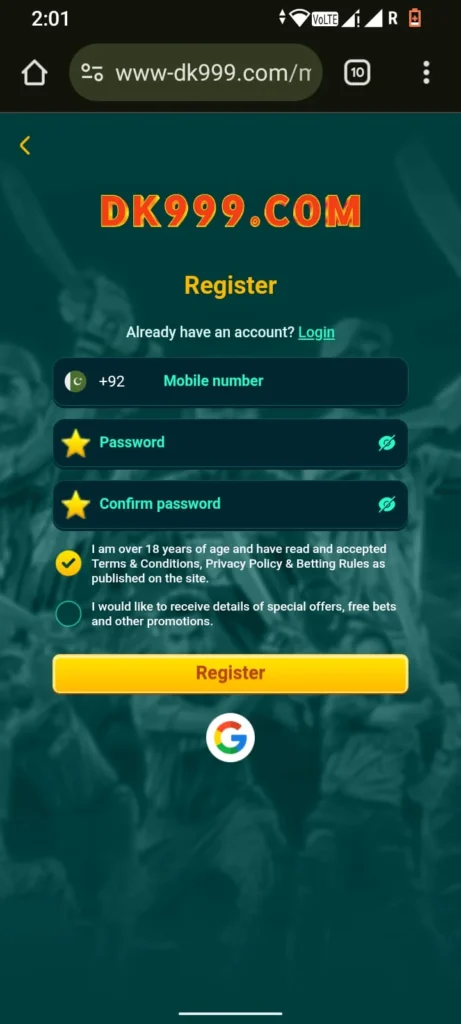 Dk999 game registration page with fields for mobile number, password, and confirmation along with agreement options.