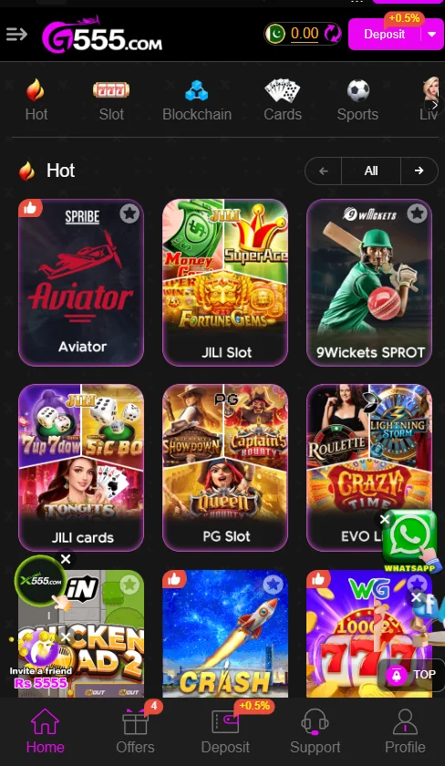 G555 game home screen showing popular games like Aviator, JILI Slot, and 9Wickets Sports.