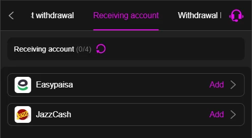 G555 game receiving account options showing Easypaisa and JazzCash for withdrawal setup.