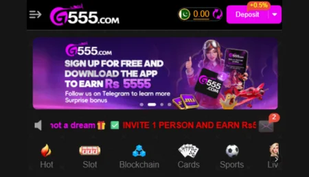 G555 game promotional banner with bonus offer and app download option