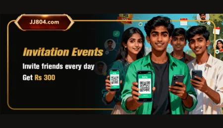 Group of young people holding phones showing a QR code for the JJ804 game invitation event