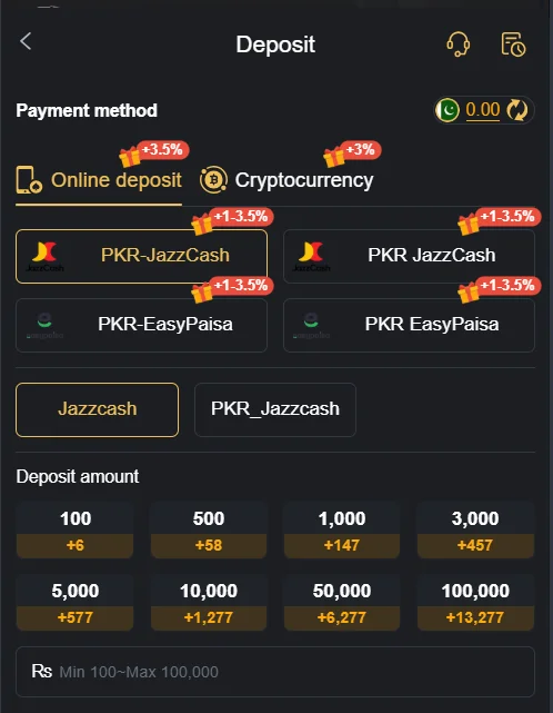 JJ804 game deposit options showing payment methods for JazzCash Easypaisa and cryptocurrency with selectable deposit amounts.